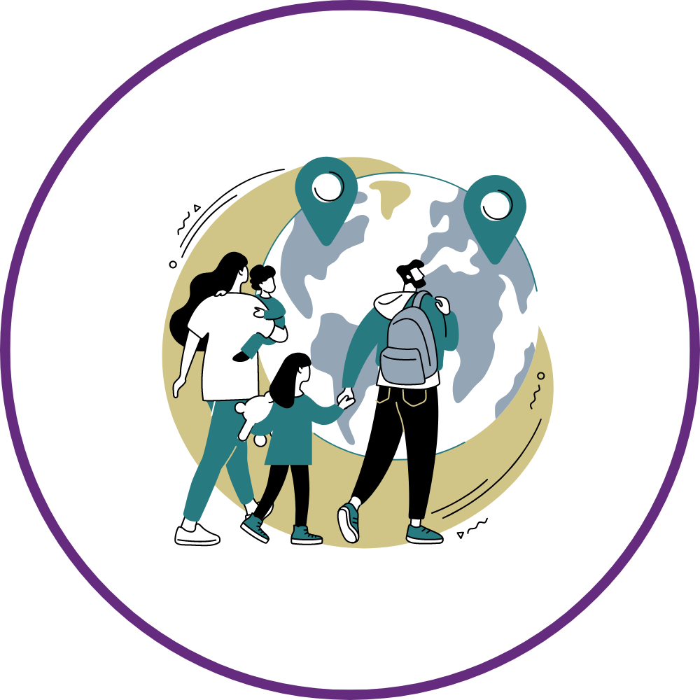 Graphic of family of four walking in front of globe