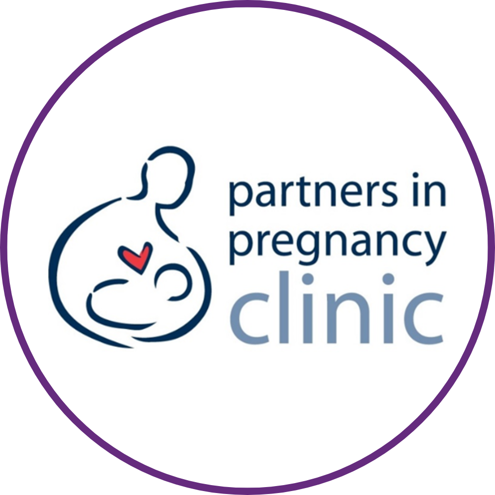 The Partner in Pregnancy logo - a line drawing of a person holding a child with a heart above