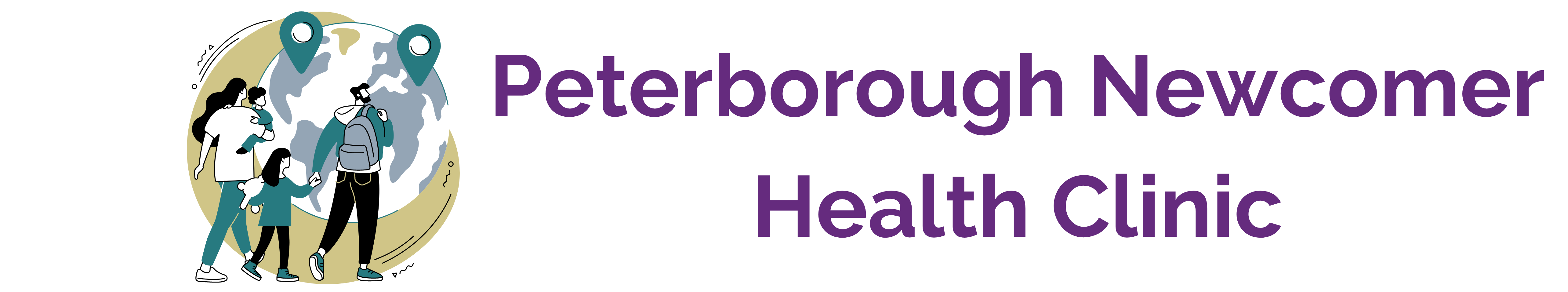 Graphic of family standing in front of globe with title: Peterborough Newcomer Health Clinic