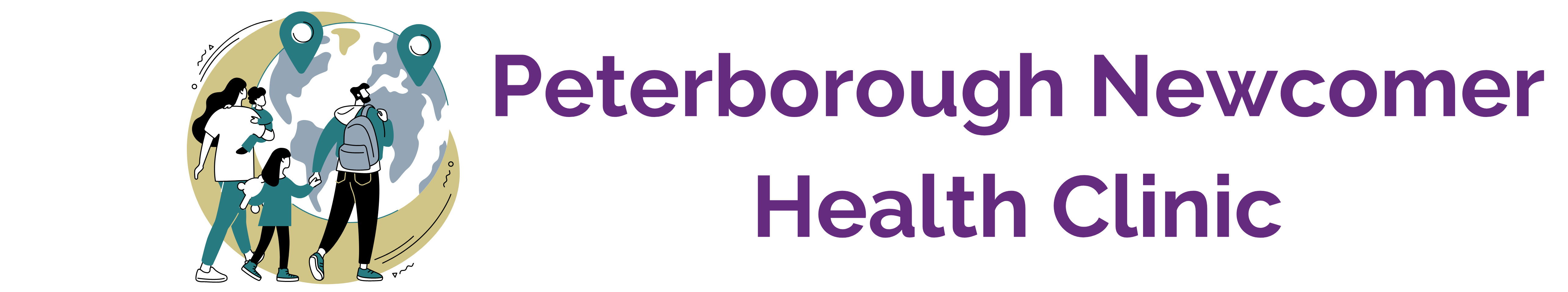 PNHC Header Graphic of family standing in front of globe with title: Peterborough Newcomer Health Clinic